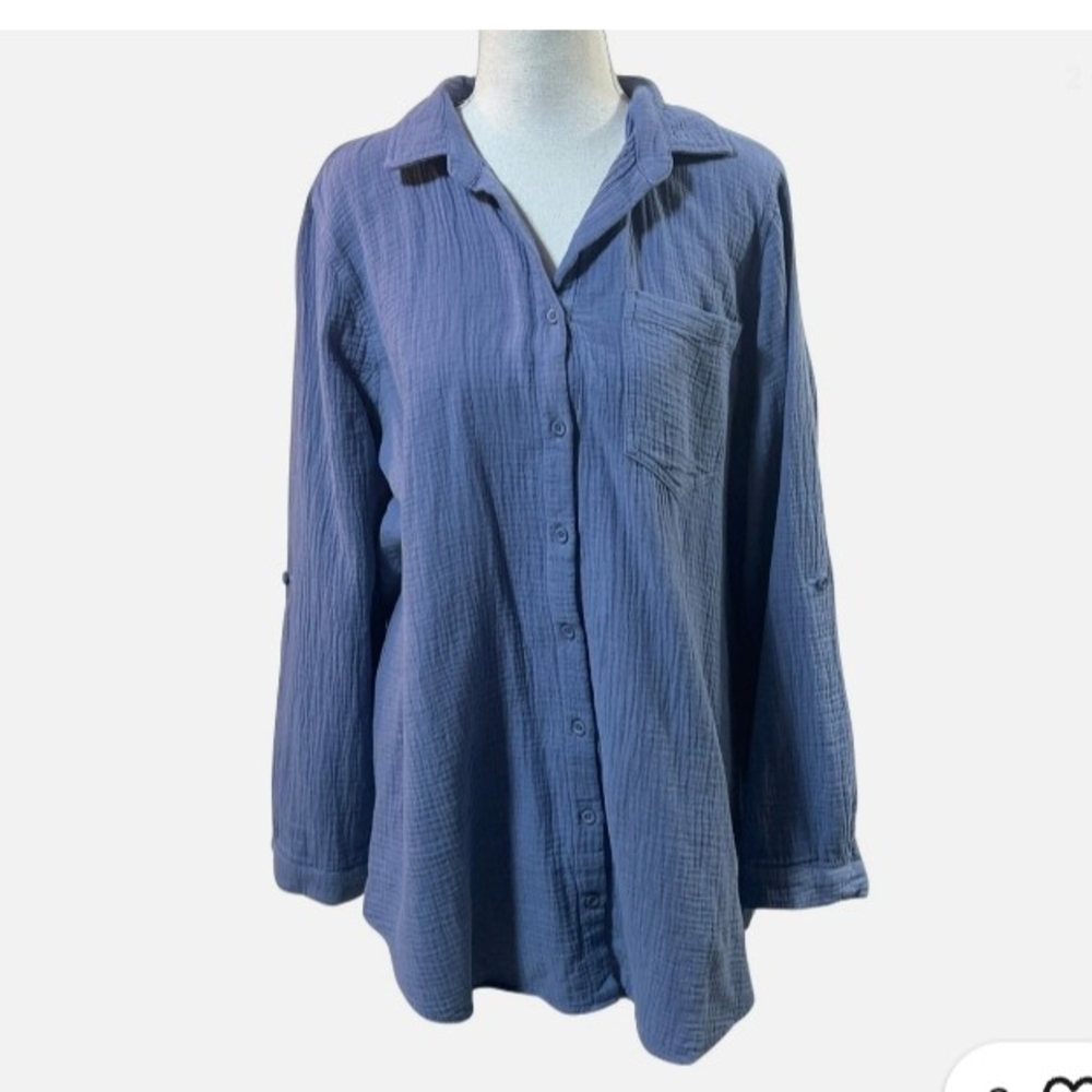 Side Stitch 100% Cotton Dusty Blue Long Sleeve Curved Hem Button Down Top